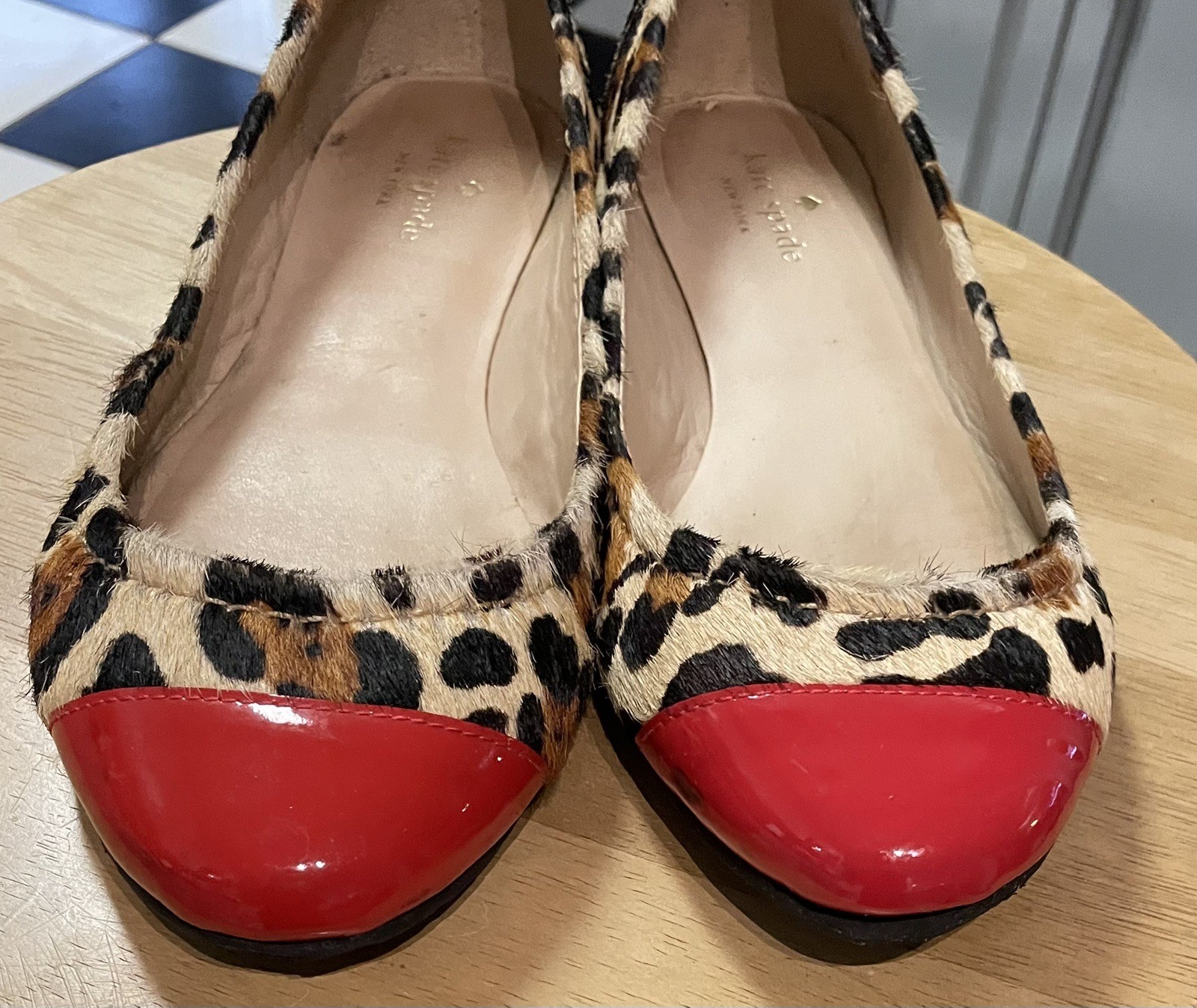 KATE SPADE Leopard Calf Fur Ballet Flats * 8.5 B* Red Patent Leather Trim
