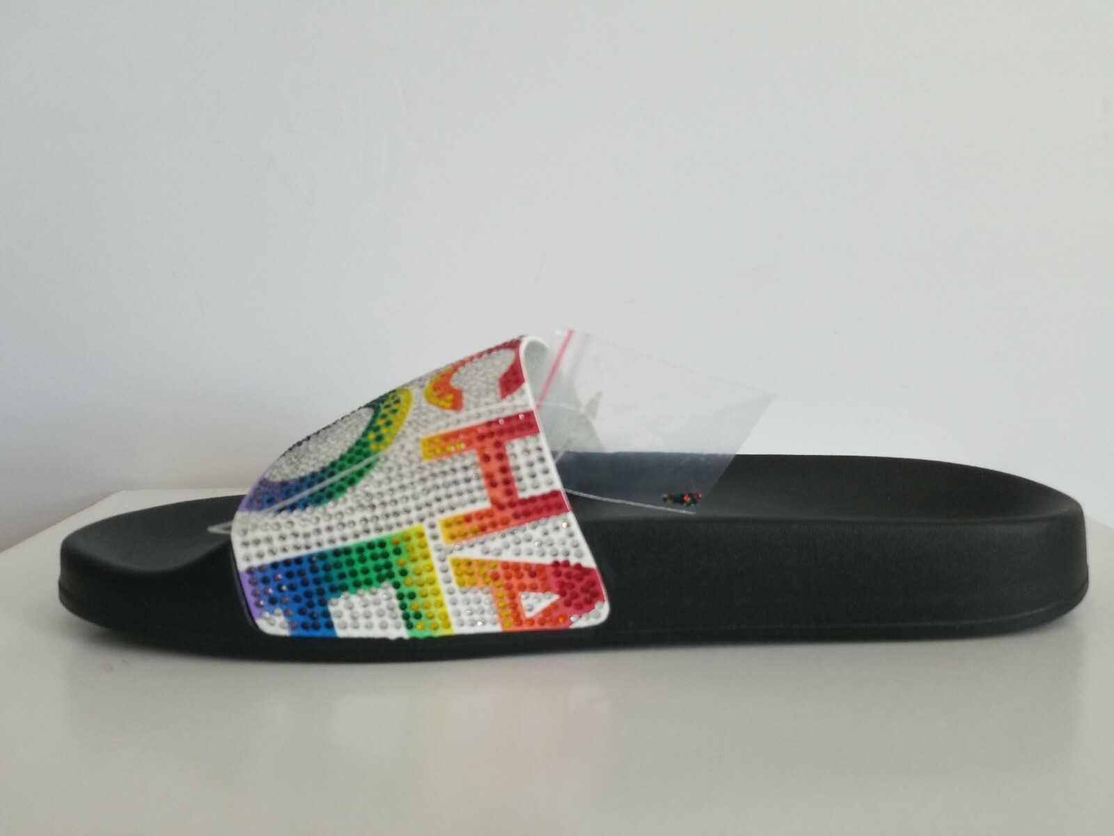 MICHAEL KORS GILMORE WHITE RAINBOW CRYSTAL MK LOGO POOL SLIDES 9 10 11 LOVE SHOE