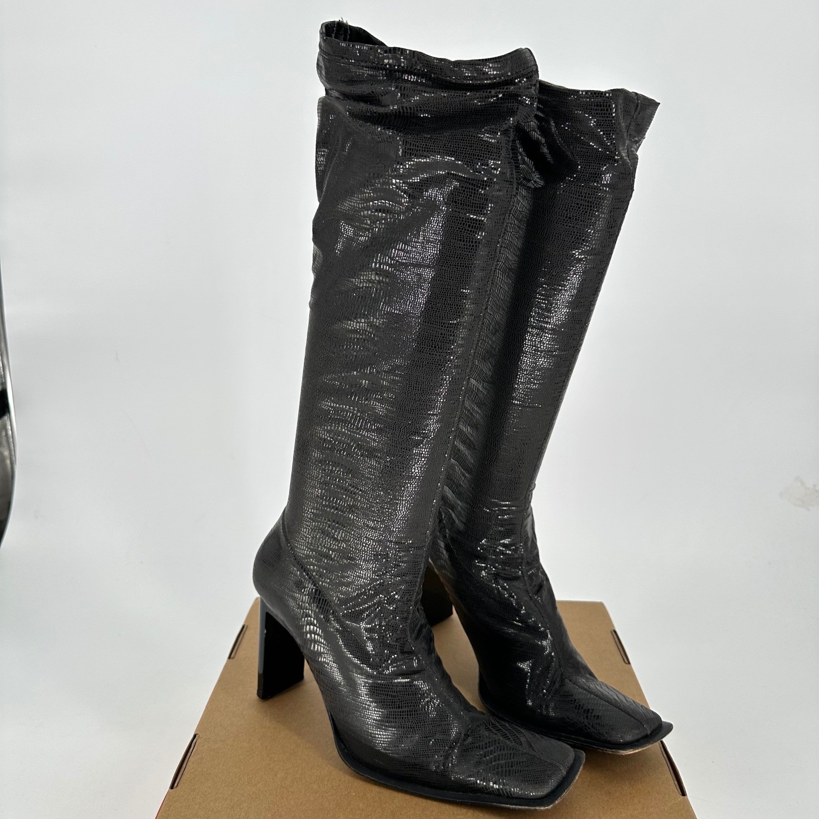 Russell & Bromley Black Embossed Reptile Knee High Stretch Boots Women’s 38.5