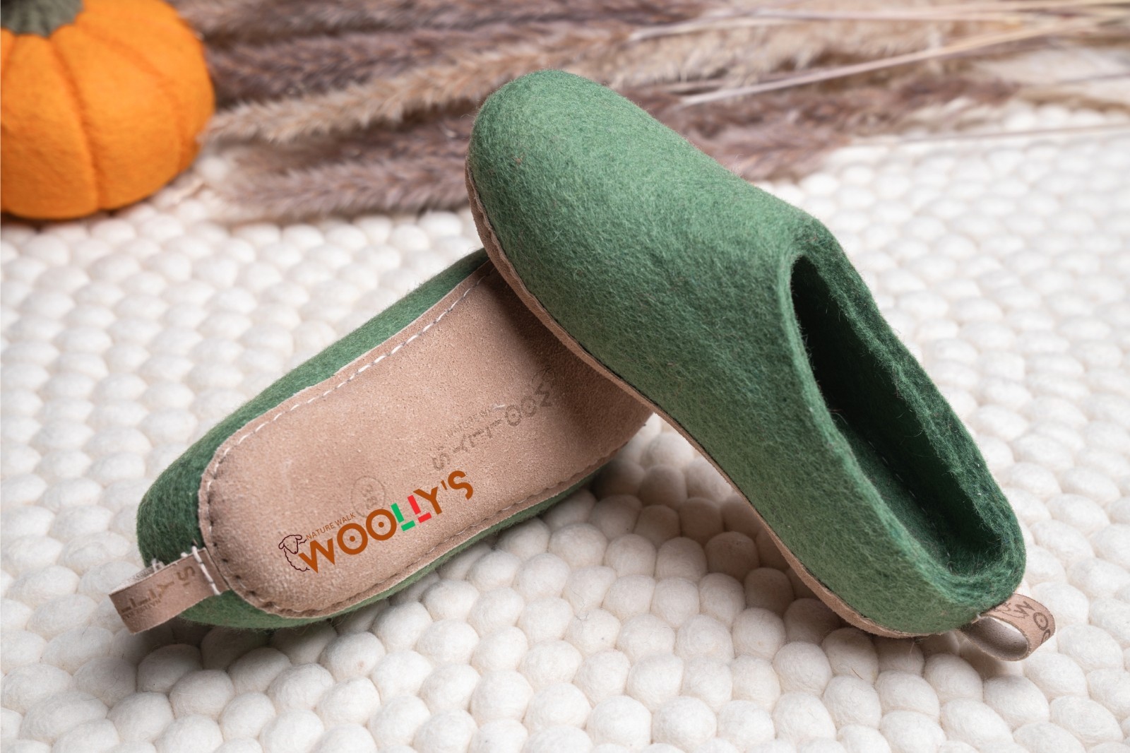 Woollyes Indoor Open Heel Slippers –Green | Pure New Zealand Wool | Leather Sole