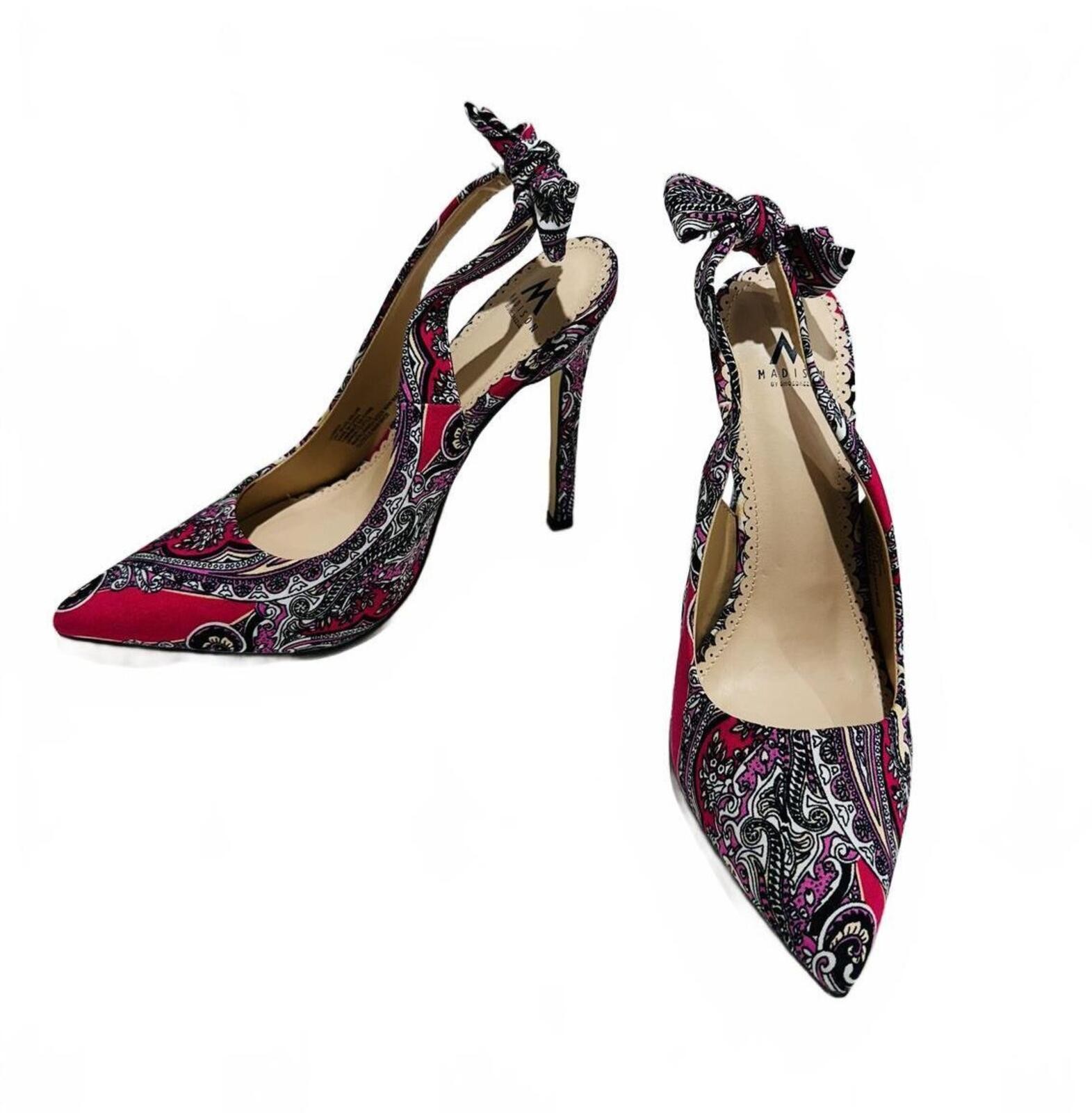 New Madison ‘Lynden’ Slingback Pumps Paisley Print and Bow Detail Size 7.5