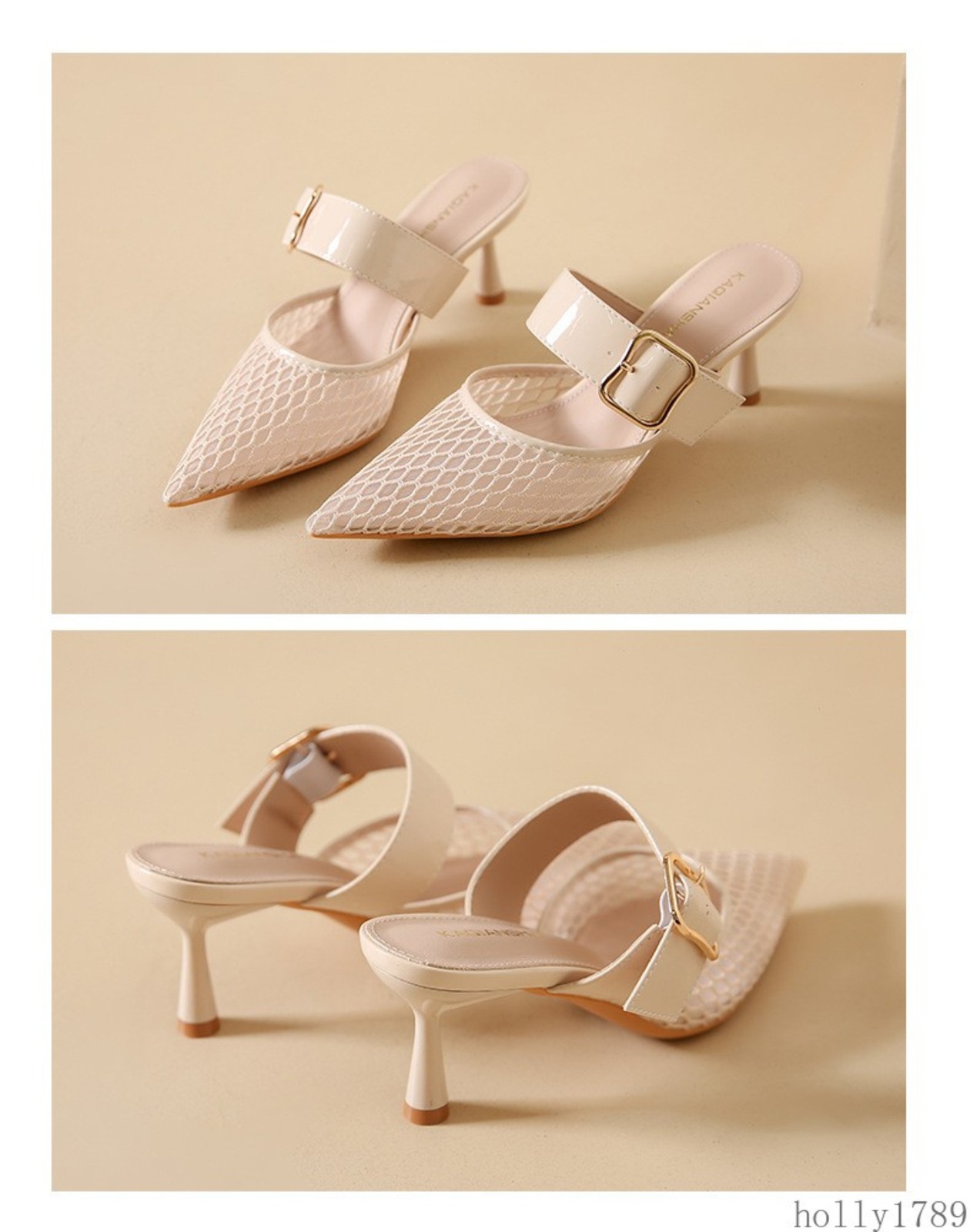 Mesh Pointed Toe Mule Heels Women Hollow Out Strap Slip on High Heel Sandals