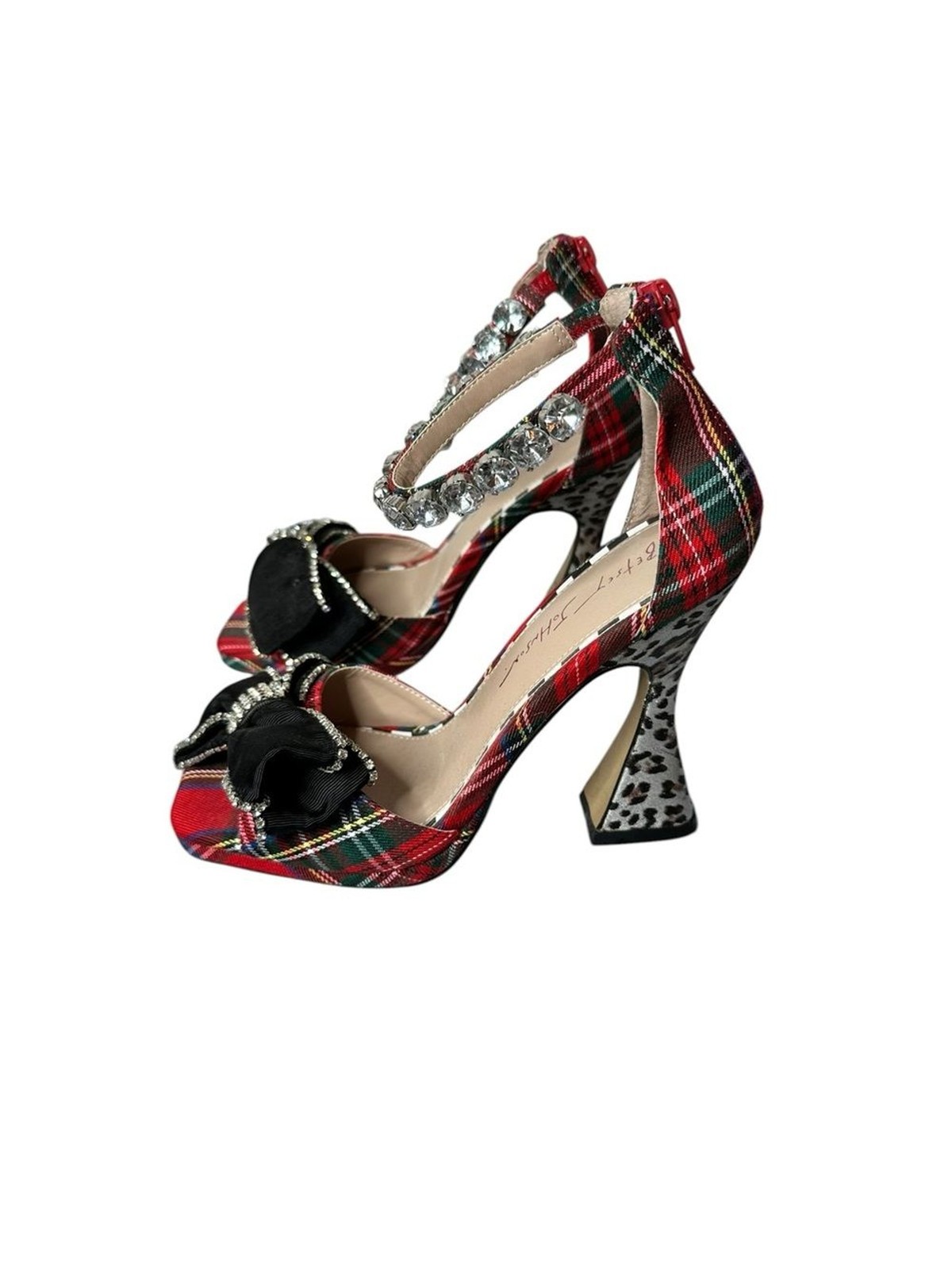 Betsey Johnson Guliana Plaid & Leopard Rhinestone Bow Heels Sandal 7.5