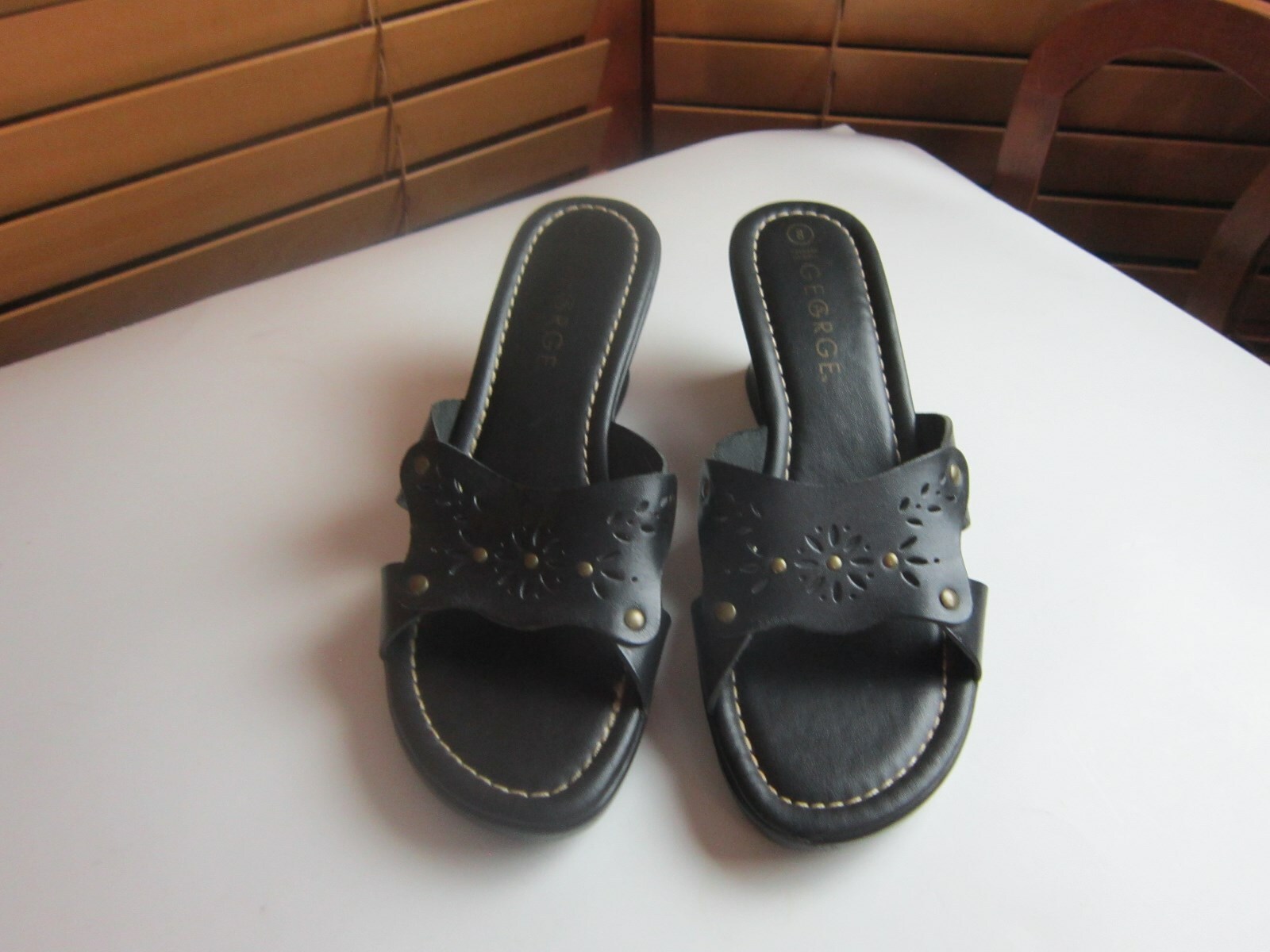 Gegrge Leather Sandals 8M Black Slip On Shoes Brazil Wedge Heels 2.5 in. #SHOE7