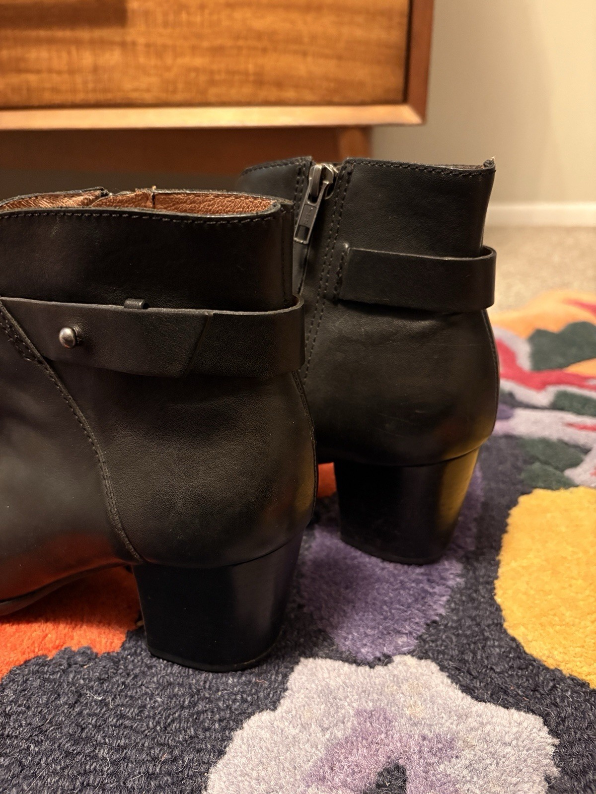 Madewell Black Leather Ankle Boots Size 8 Block Heel Side Zip Made in Brazil