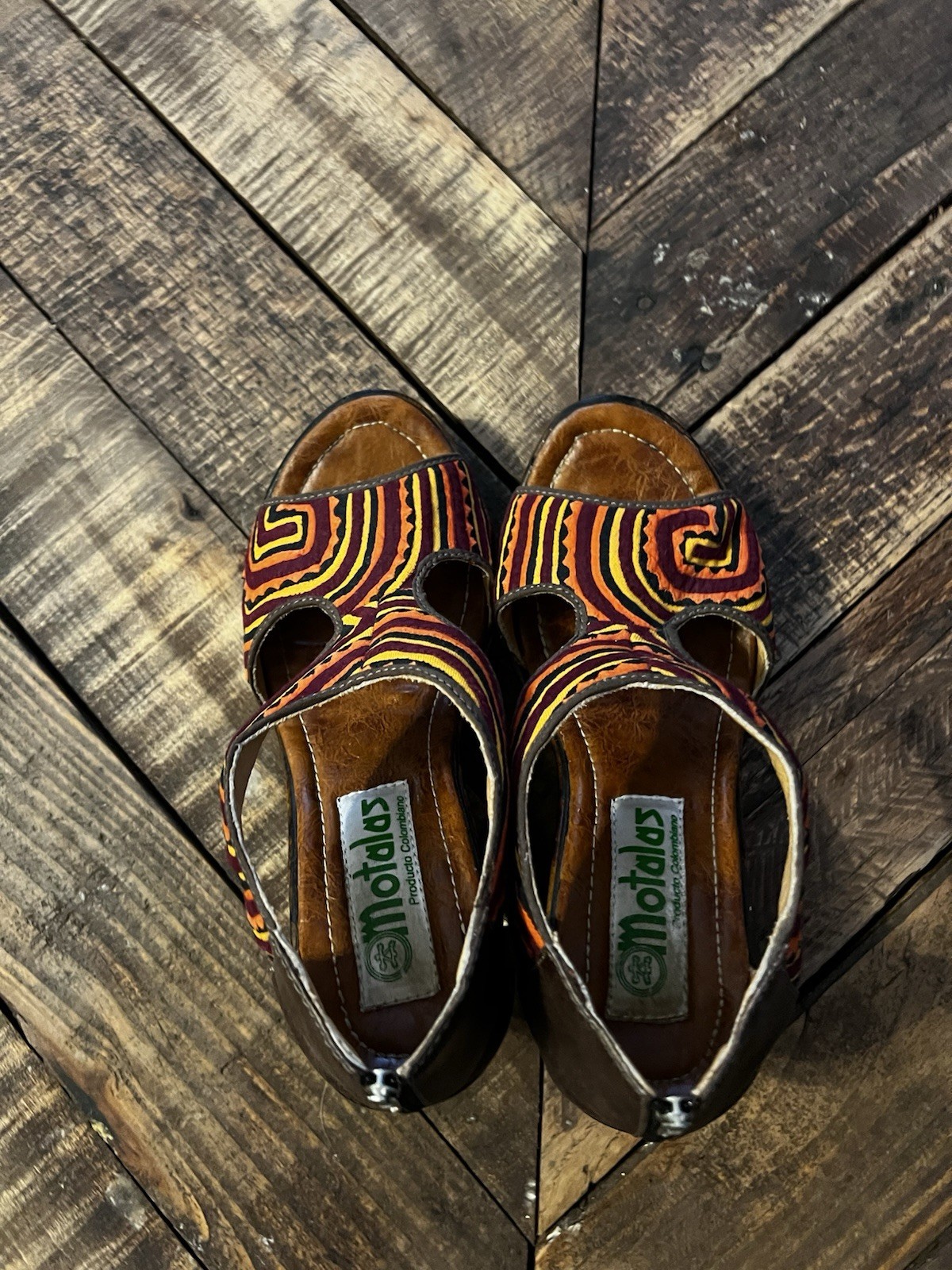 Motalas Handmade Wedge Sandals Size 37 Colombia Tribal Textile Leather Boho 6.5