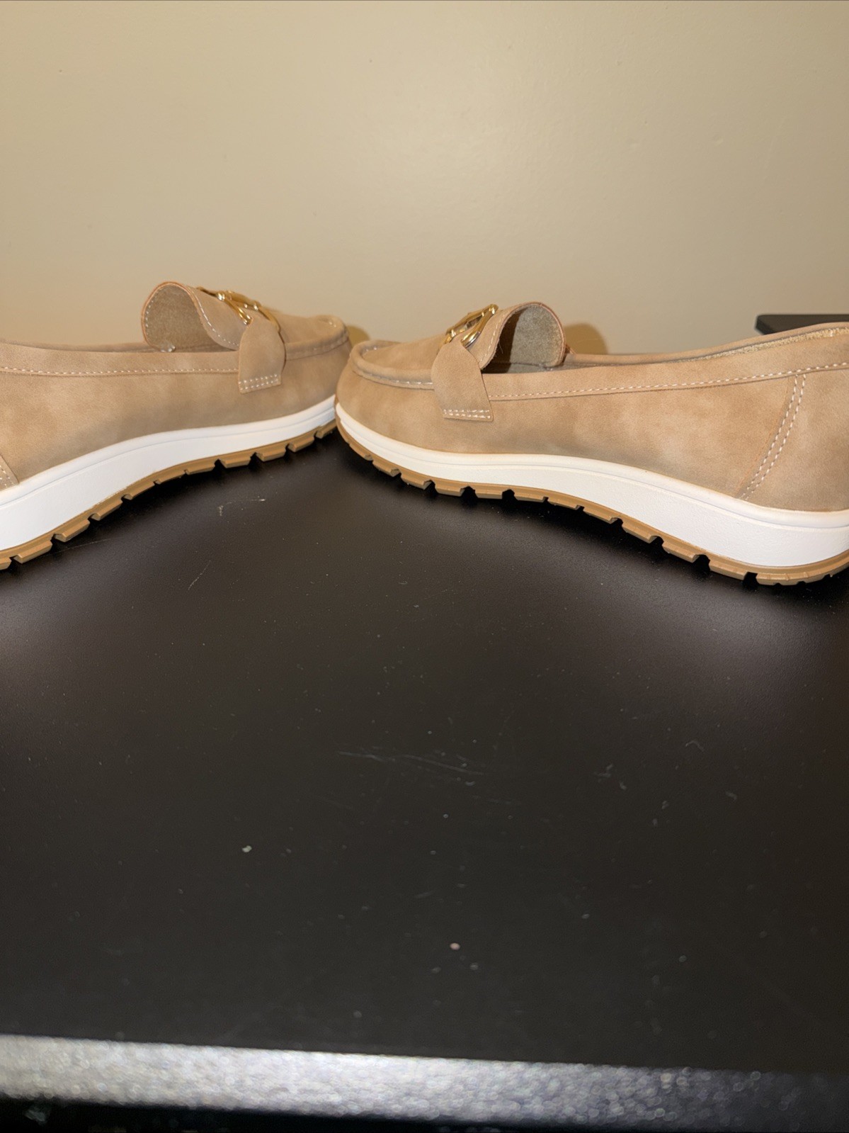 Woman’s Tan And Gold Suede Slip Ons Size EU40/US 10