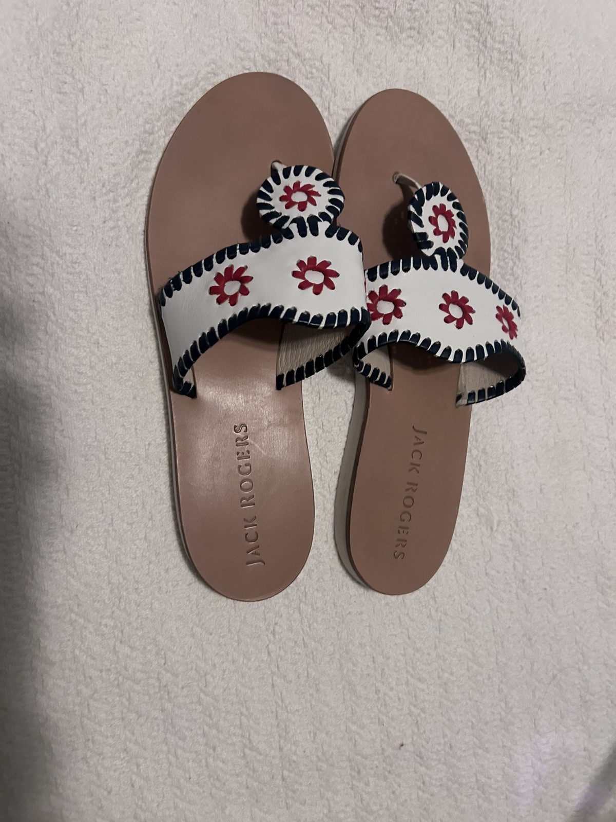 Jack Rogers Embroidered Slip-On Red , white and blue Leather boating Sandals