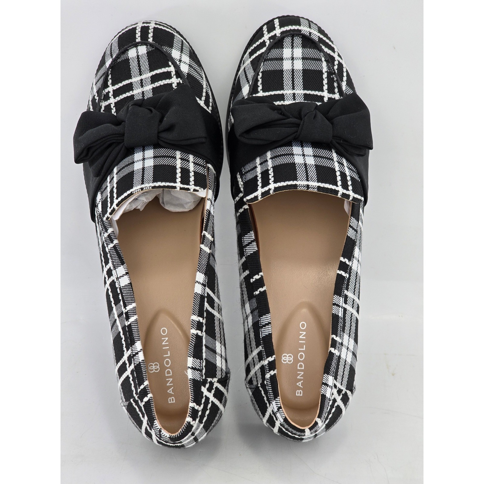 Bandolino Lindio Loafers Womens 9M Black White Plaid Bow Slip On Shoes -VGF
