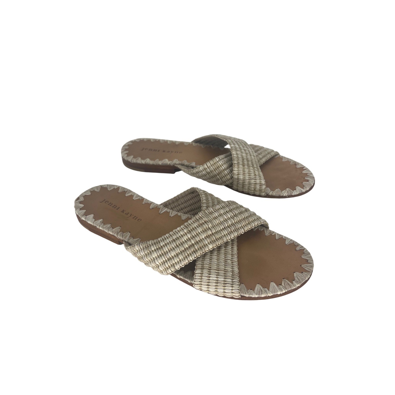 Jenni Kayne Raffia Crossover Sandals Tan Cream Woven Flat Slides Size 38