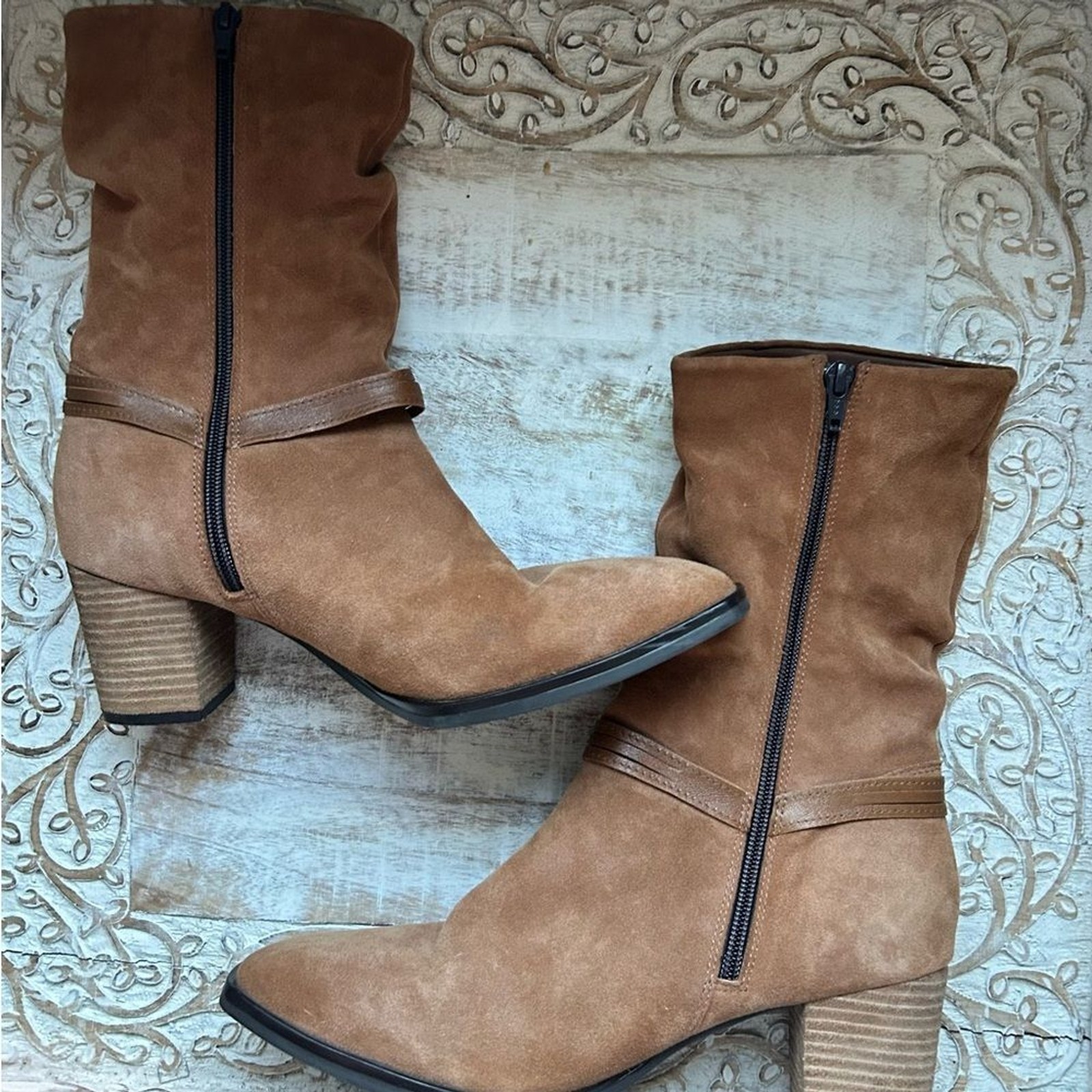 Boho Western Leather Suede Slouchy Boot Size 10 Tan Bootie Jatarea Omi Neutral