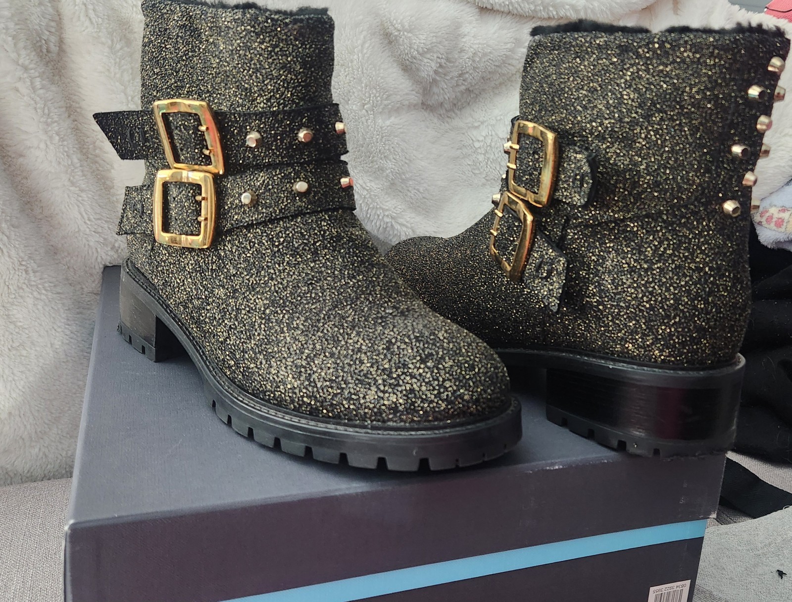Ross & Snow Women’s Black/Gold Glitter Studded Double Buckle Ankle Boot, Size 10