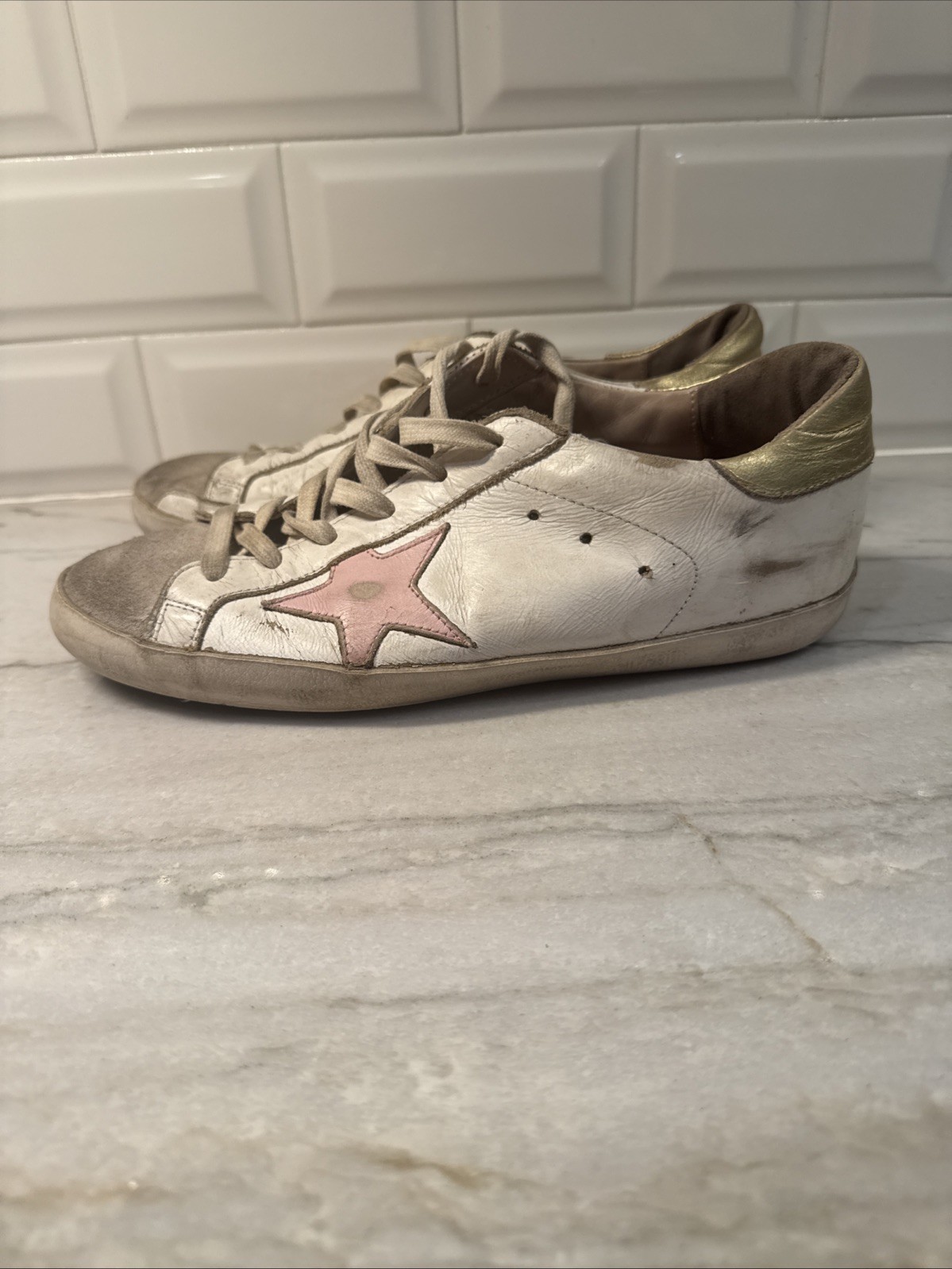 Golden Goose Super Star Sz 38 White Pink Gold Leather Low Top GGDB Lace Up