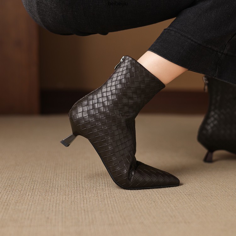 Women’s Weave Real Leather Ankle Boots Low Kitten Heel Dress Fashion Shoes Plus