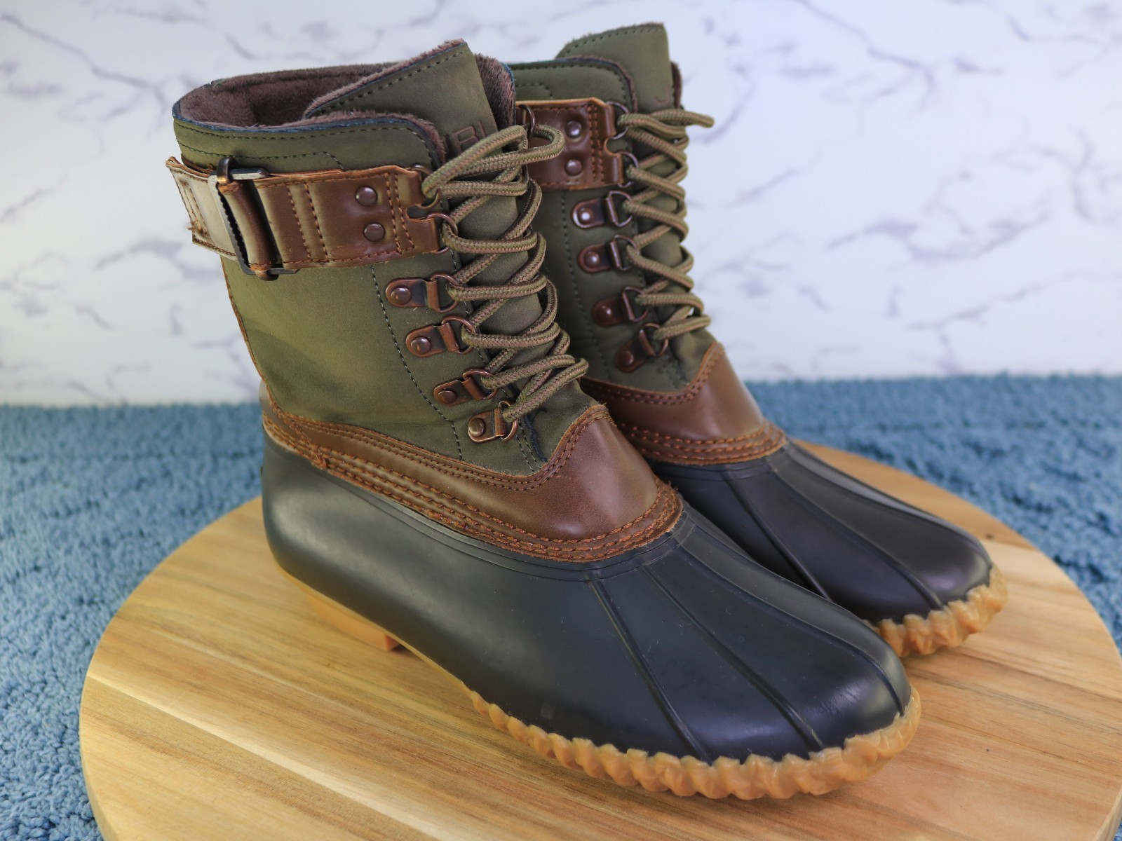 JBU Calgary Brown Green Black Lace Up Mid Calf Duck Work Rain Boot Women Sz 6.5M