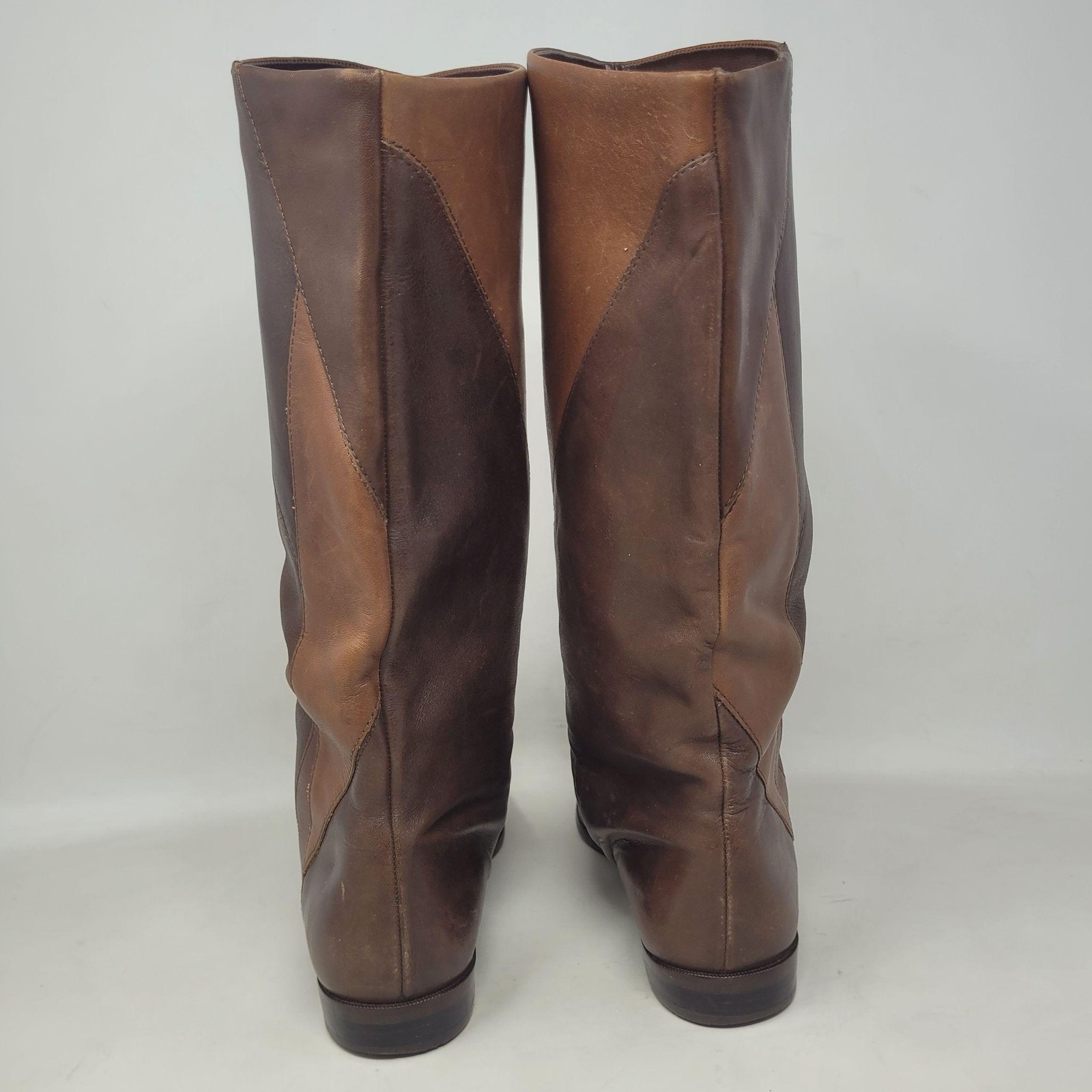 Vintage Brown Leather Boots 9 Patchwork Tall Minimalist 80s Slouchy Boho Retro