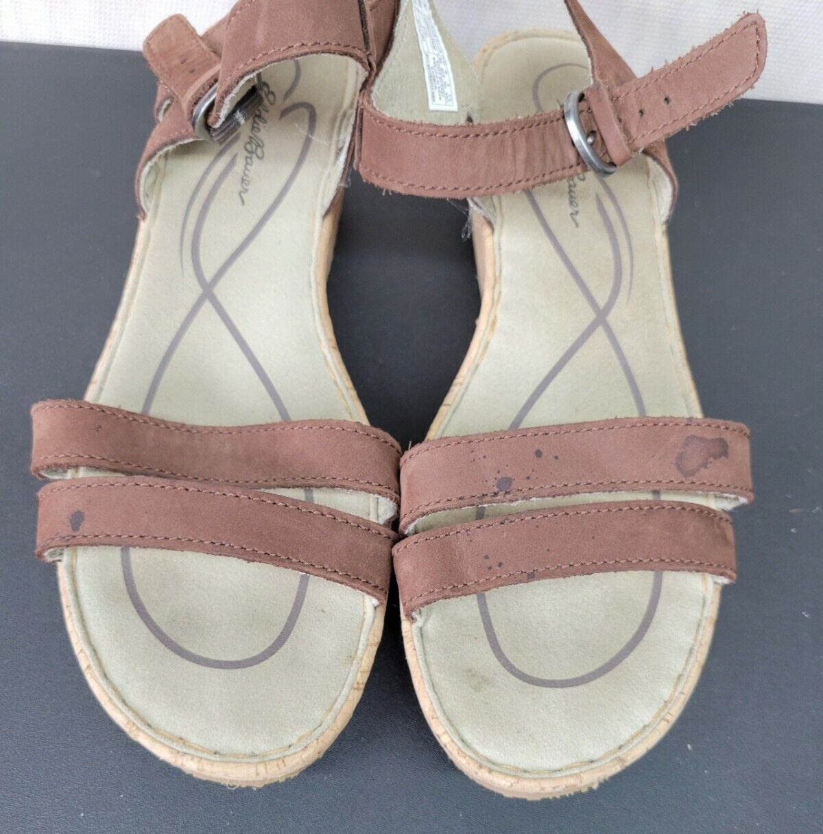Eddie Bauer Women’s Size 8.5 Leather Cork Wedges Open Toe Sandals Ankle Buckle