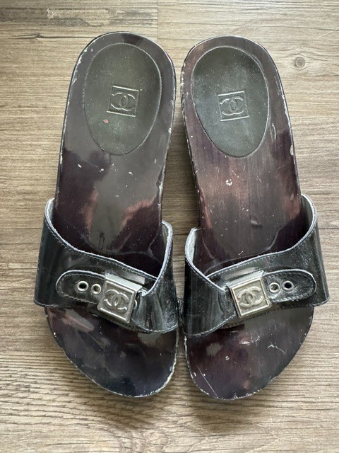 CHANEL Sandals Mules black patent leather size 6.5 US (37) used
