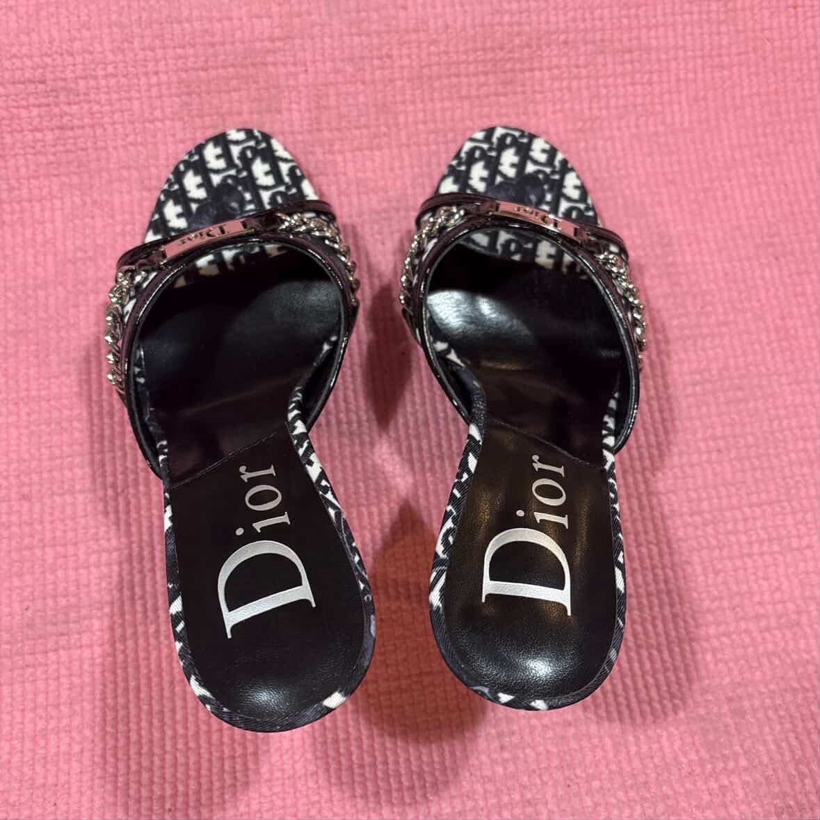 Dior Black & White Monogram cherry blossom Chain Heels Open Toe Leather Women’s6