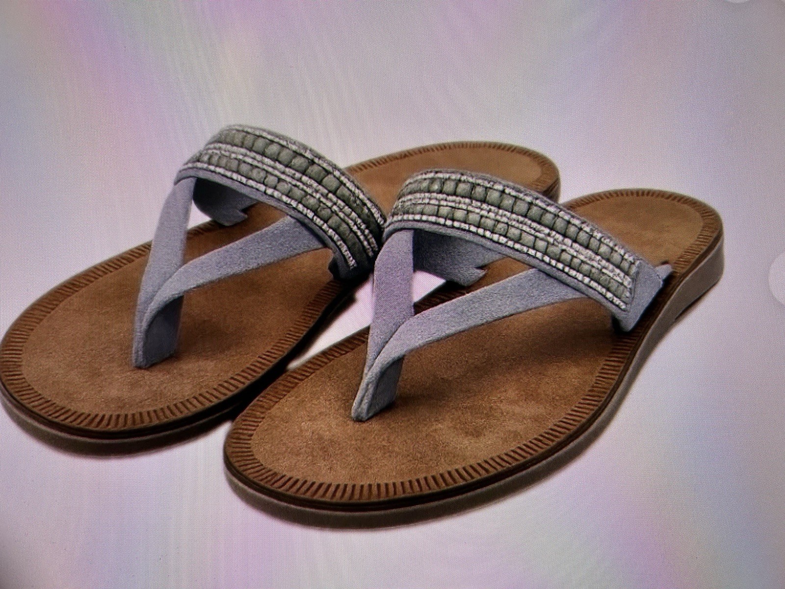 MARIELLA Sandals Size 6 Blue Gray Leather Glitter Rhinestone Thong Slides