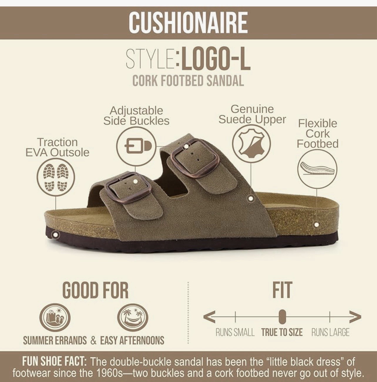 NWB Cushionaire Suede Leather Sandals 9 W 39.5 Logo-L Moss Brown 2 Strap Buckle