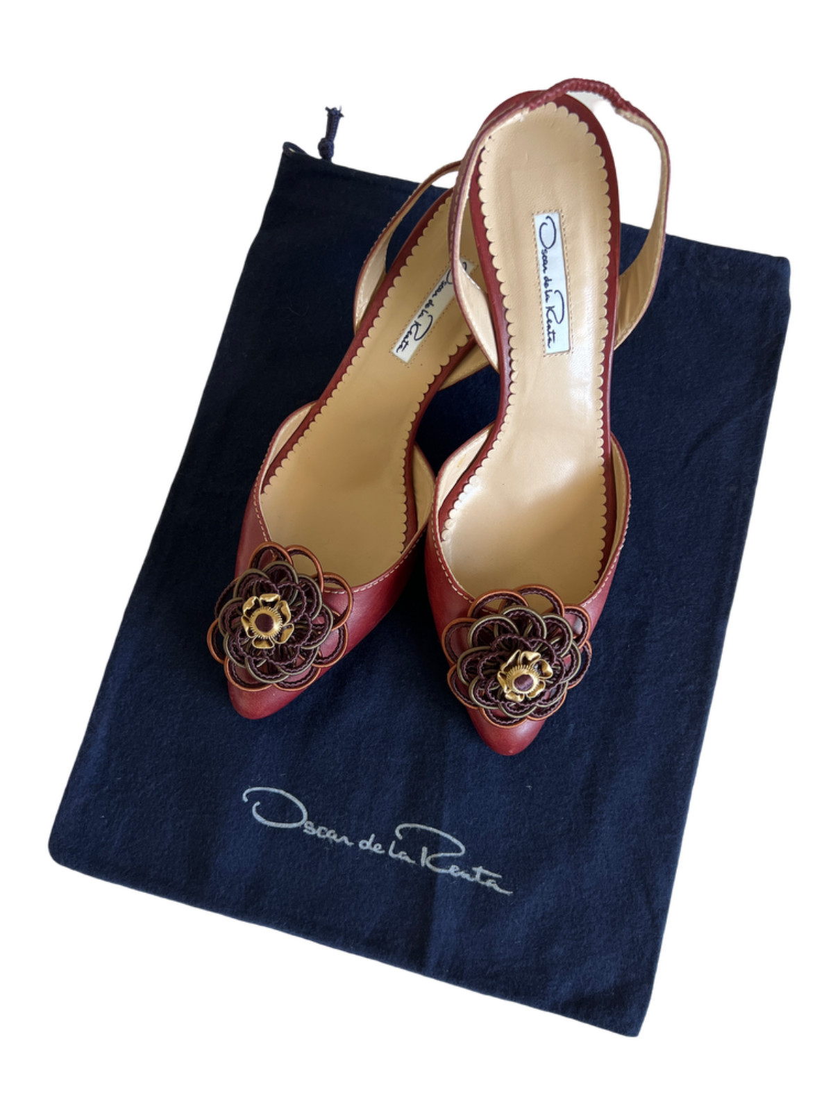 Oscar de la Renta Vero Cuoio Slingback Pumps with Embellishing Detail Size 38.5