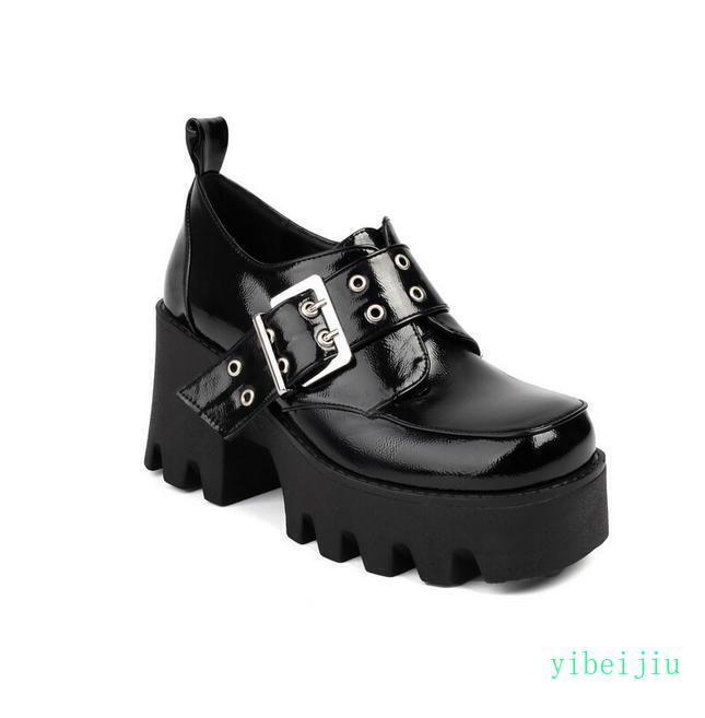 Women’s Leather High Heel Shoes Square Toe Creeper Plus Size Platform Thick Sole