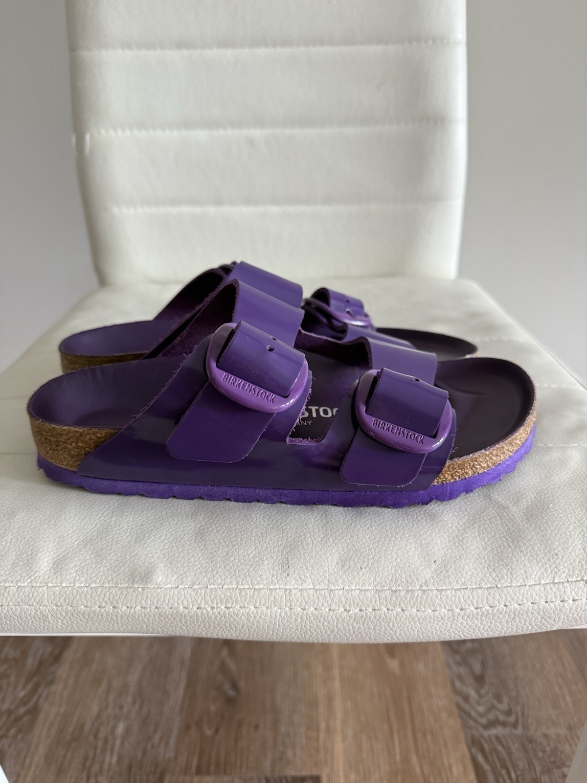 BIRKENSTOCK LEATHER SHINY DOUBLE BUCKLE SLIDE ON SANDALS SIZE 37 GERMANY