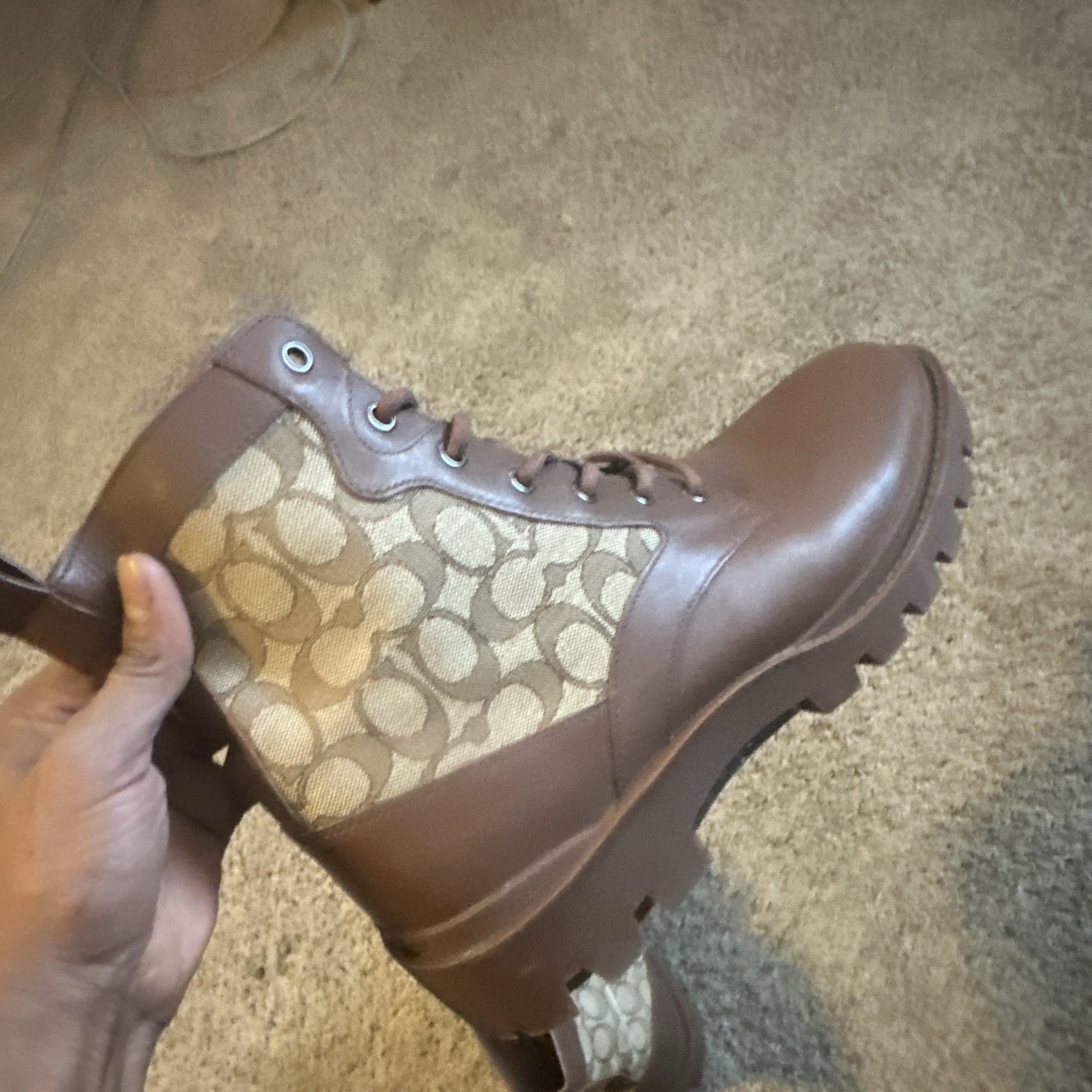 Coach Signature Monogram Canvas Leather Combat Ankle Boots Lug Sole Zip 11.5