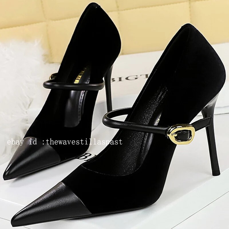 Women Pointed Toe High Heels Thin Heel Metal Buckle Stilettos Party Shoes Pumps