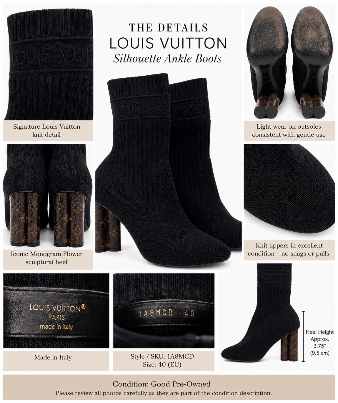 Louis Vuitton Silhouette Women’s Ankle Sock Boots Knit Black Monogram EU 40