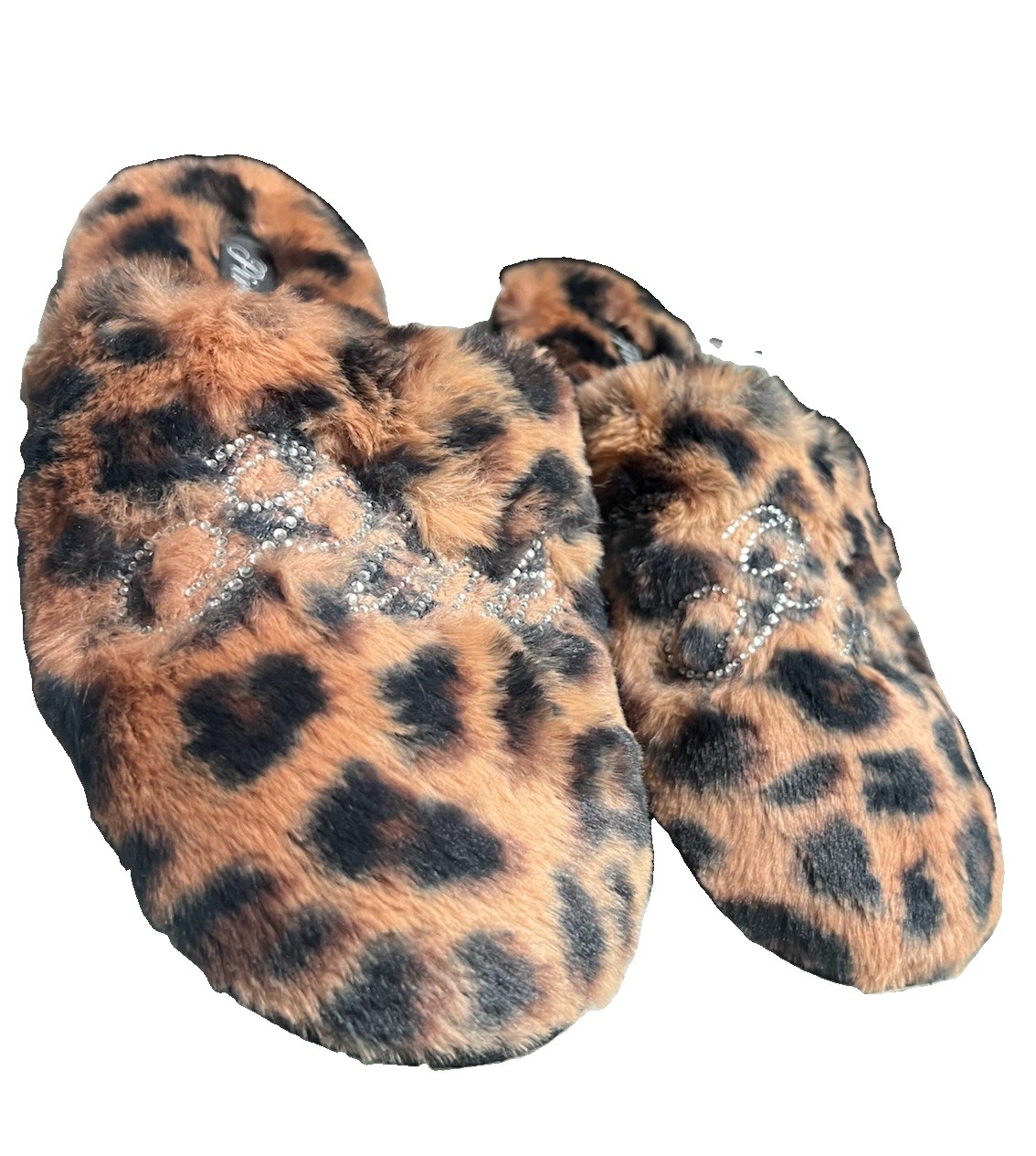 Victoria’s Secret Pink Plush Bling Logo Faux Fur Leopard Slippers Size Large