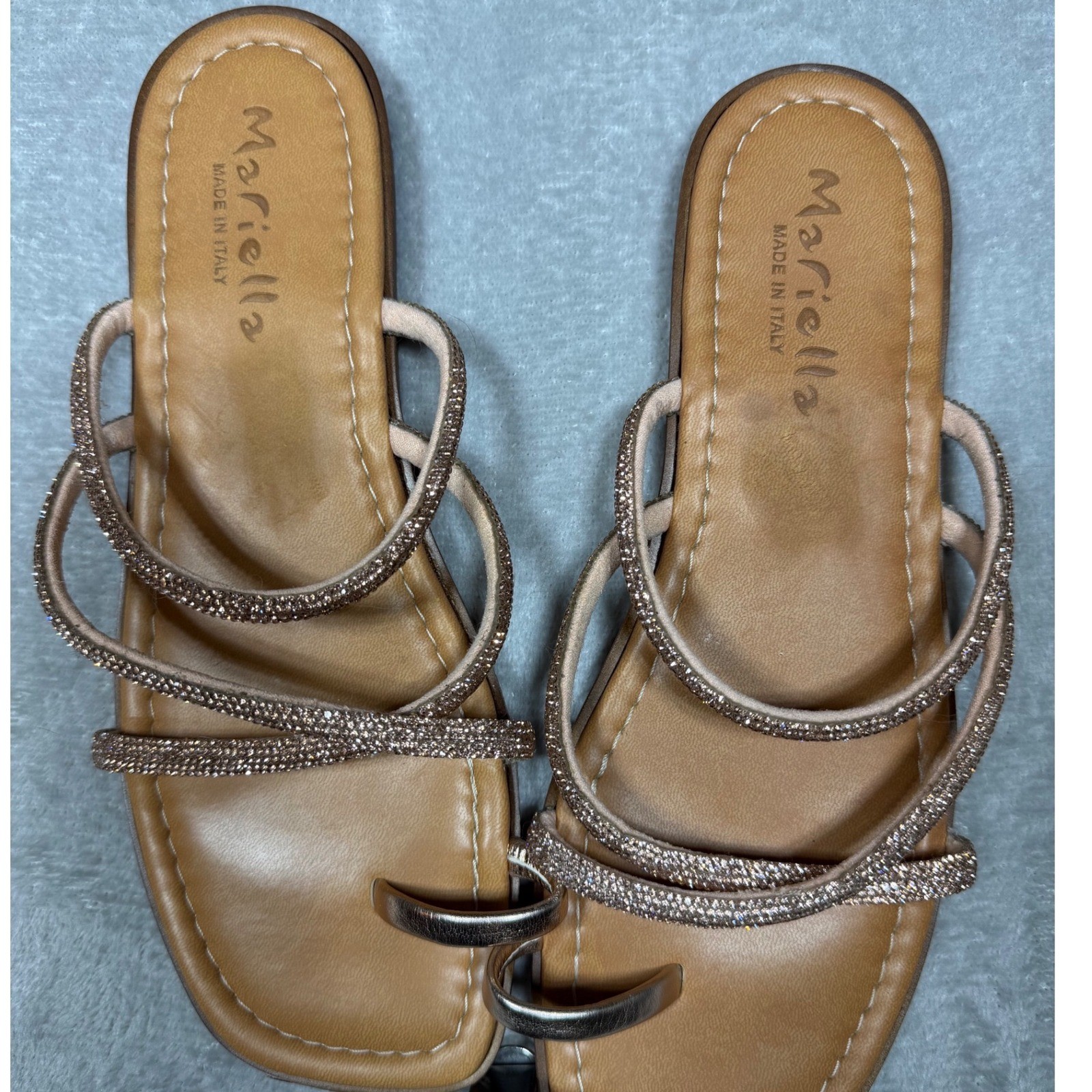 Mariella Made in Italy Vintage Gold Rhinestone Toe Ring Strappy Sandals Size 9