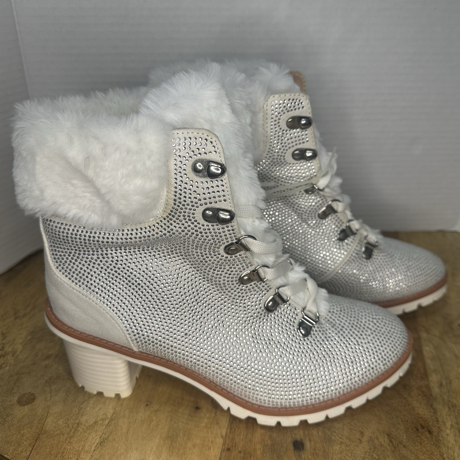 Nannette Lepore Anais Bootie Rhinestone in Winter White Size Womens 9M Faux Fur