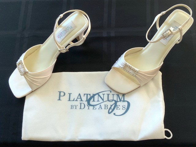 shoes women size 6 1/2 , 2 inch heel, Dyeables, white silk/satin