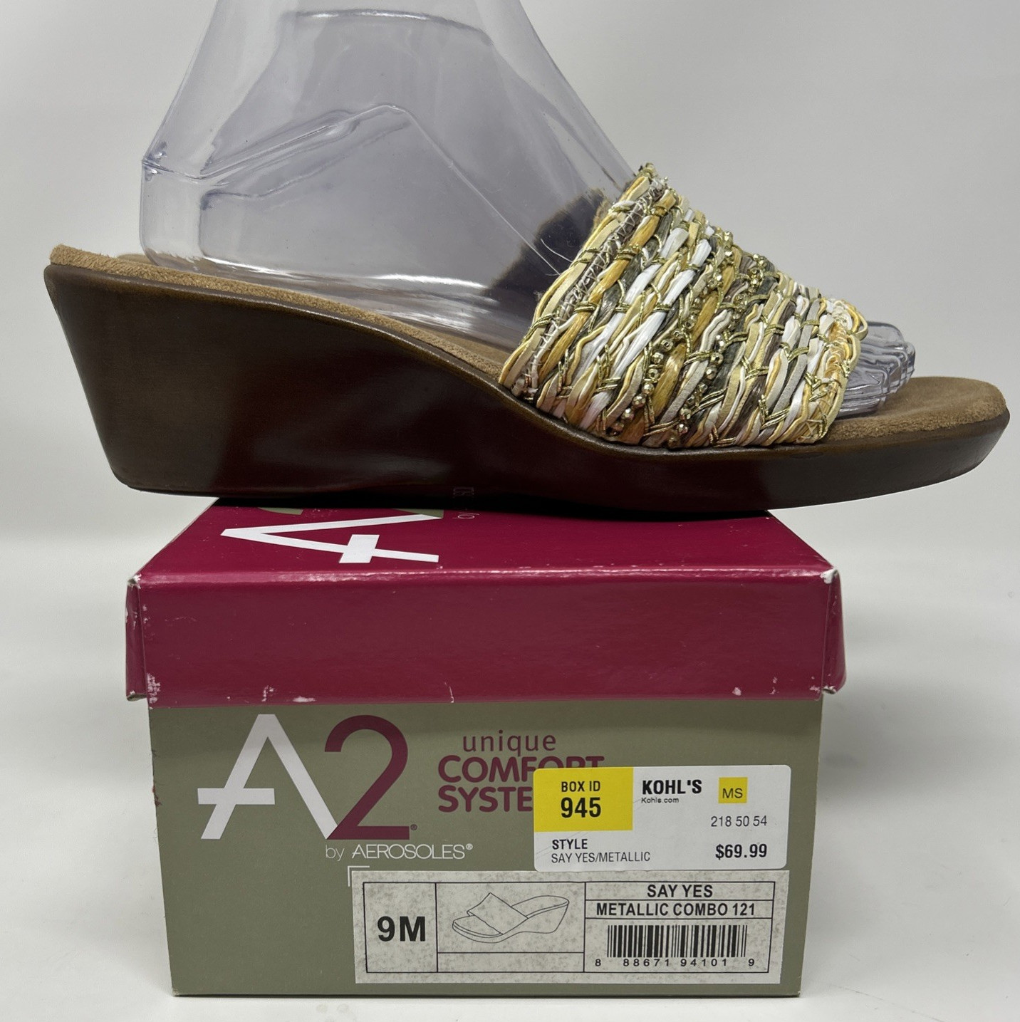 A2 by Aerosoles Say Yes Woven Wedge Sandals Slide Women 9 Gold Metallic with Box