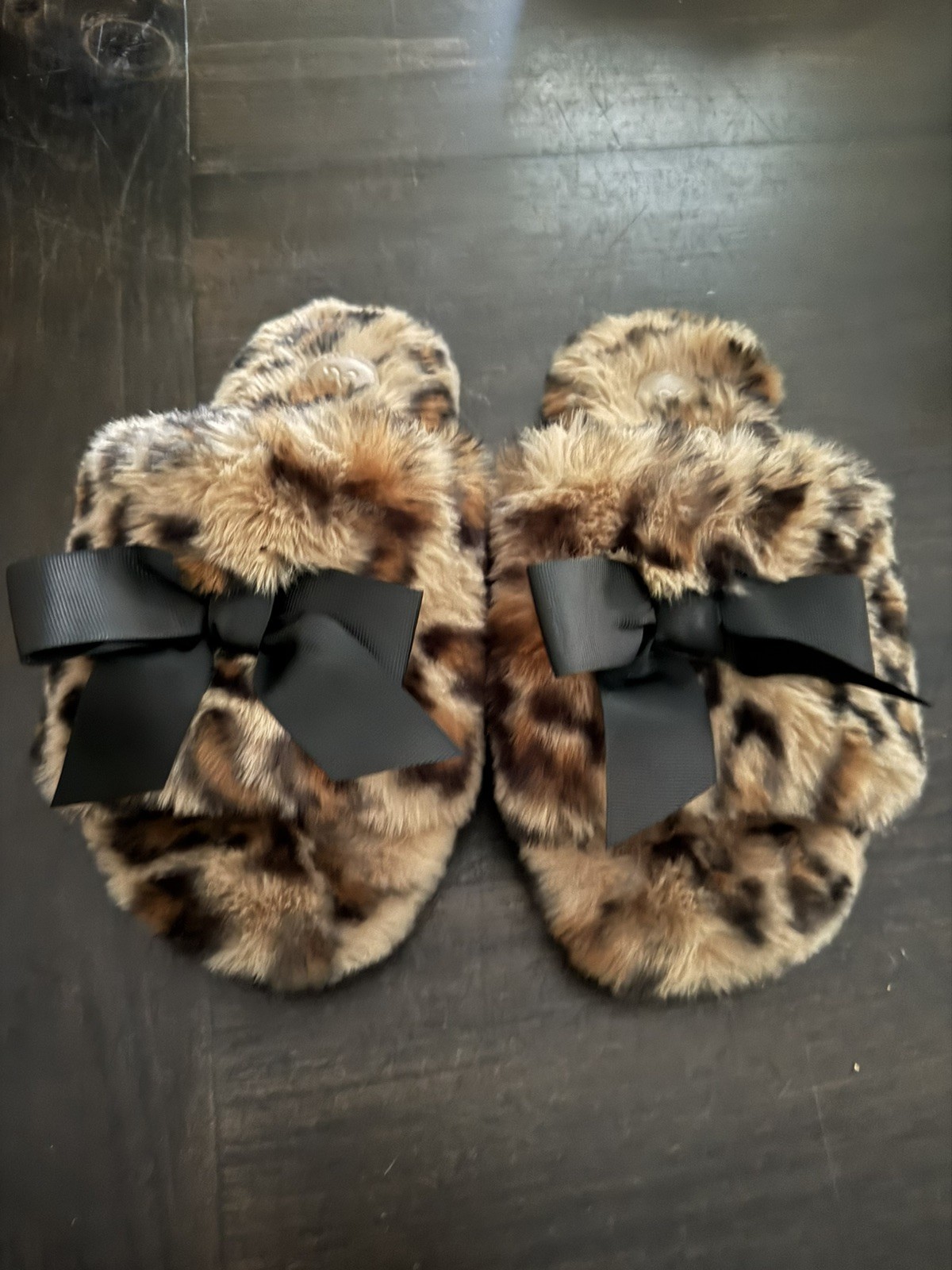 NWOT Anthropologie Maeve Faux Fur Open Toe Bow Slippers Leopard Size Medium 8-9