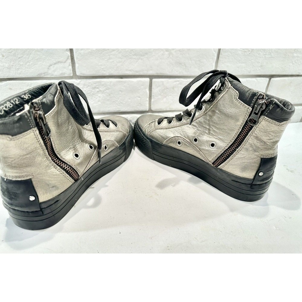 Crime London Silver Leather Distressed Studded Zipper High Top Sneakers 36/6