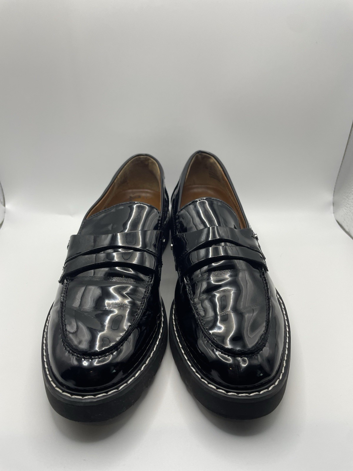 Franco Sarto Cassandra Penny Loafers Black Round Toe Block Heel Shoes 7.5M