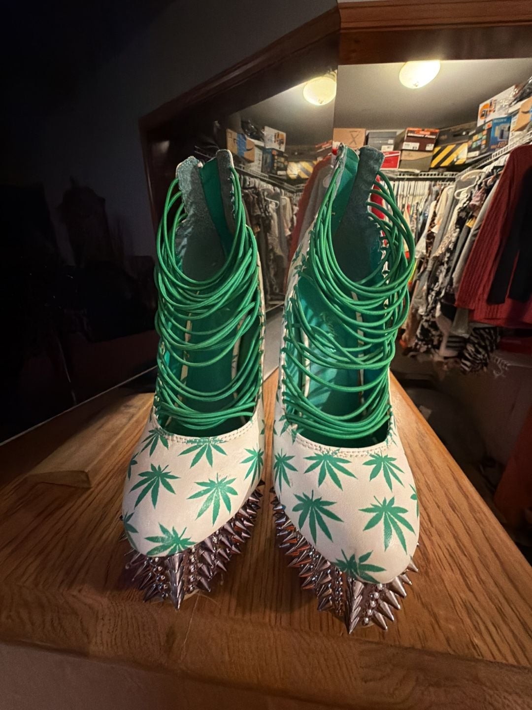 Kush Kouture Stiletto Platform Heels with Green Leaf Print and Spikes