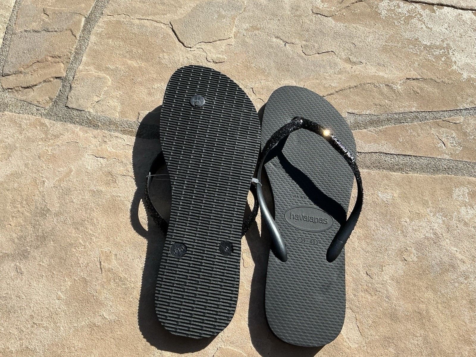 HAVAIANASB BLACK Slim GLITTER II Womens 9-10 W Sandals Size 39-40 NWT