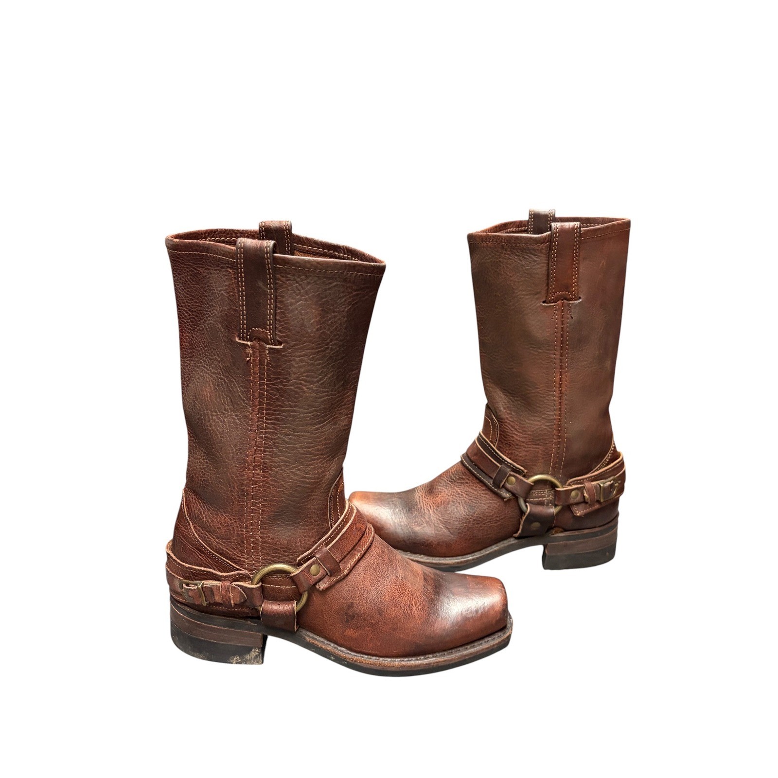 Vintage Frye Brown Leather Belted Harness Boots 77250 Pull On O-Ring Size 8