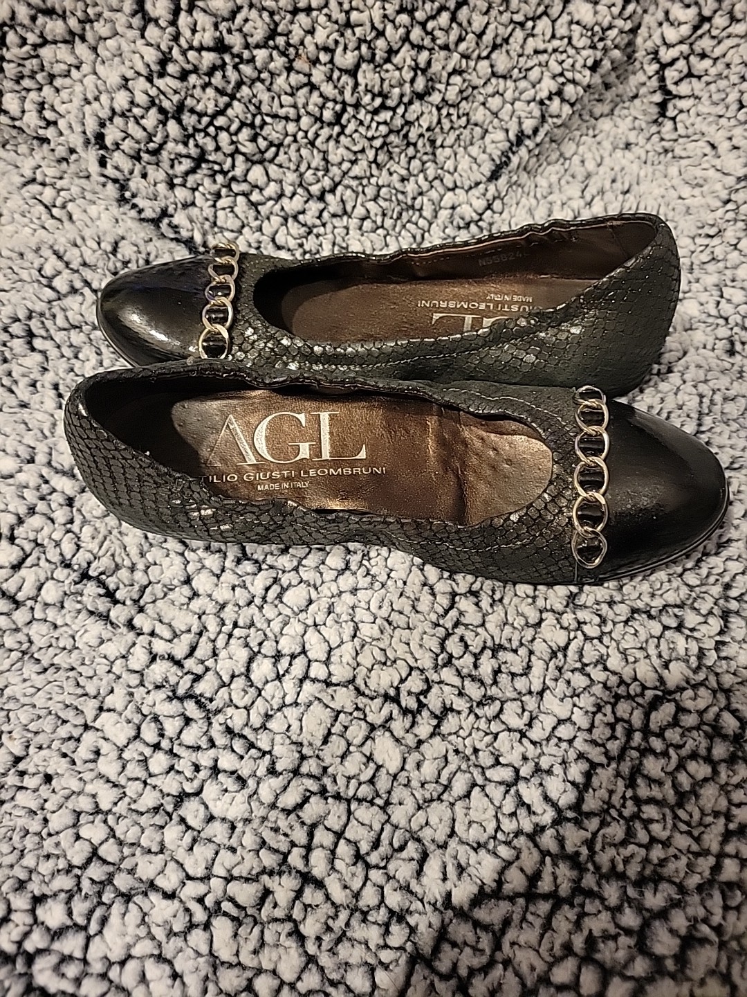 AGTL Attilio Giusti Leombruni Black Leather Ballet Flats Chain Toe Size 36 USA 6