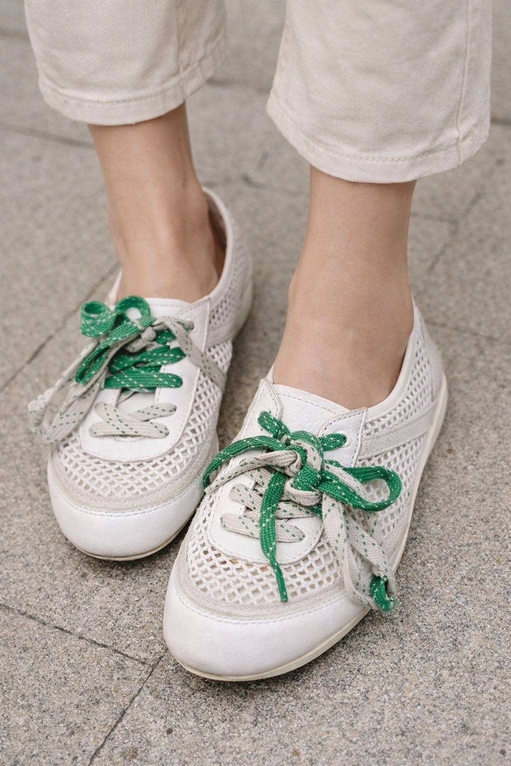 ZARA Mesh Ballet Flats White Green Lace-Up Shoes Women US 5 EU 36 Casual Summer