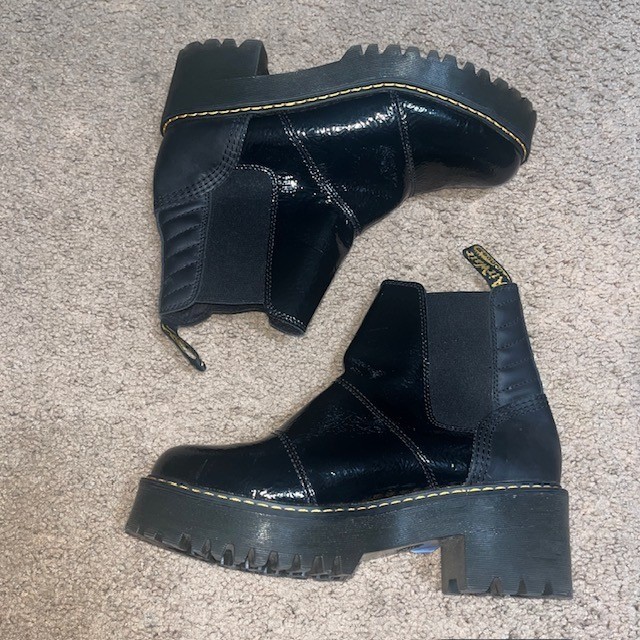 Dr. Martens Rozalie Distressed Patent Heeled Chunky Chelsea Boots Black 9