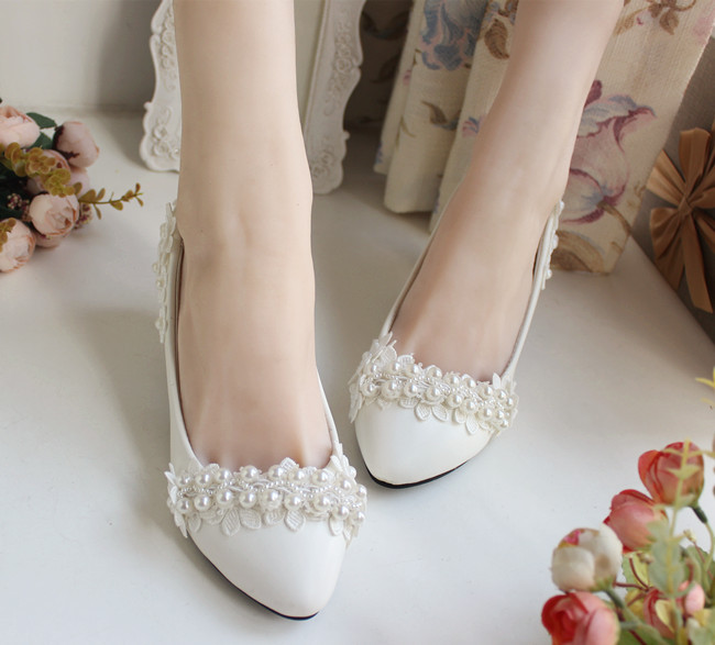 Ivory Pearl Flower Wedding Lace Prom Bridal Bridesmaid Flat High Low Heels shoes