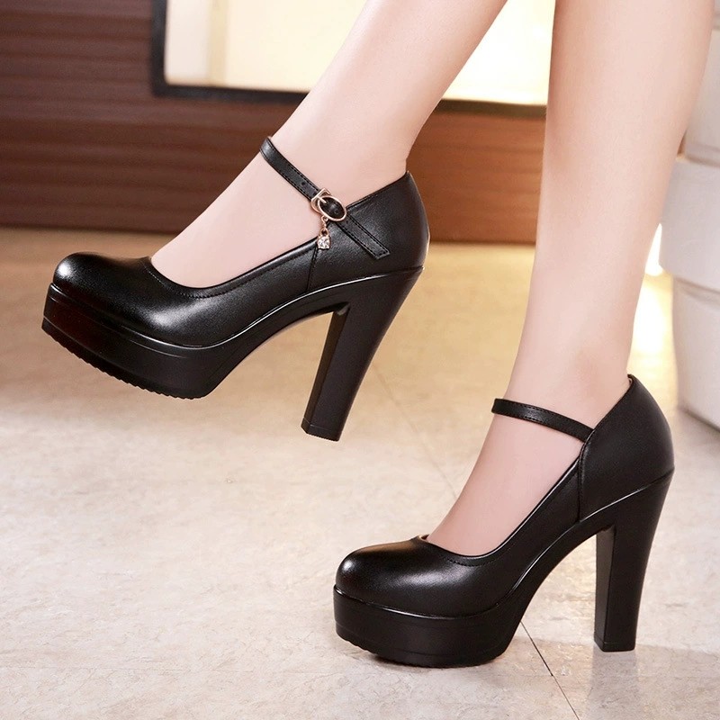 Women’s Leather Platform Block Heels Mary Jane Pump Ankle Strap Work Dress Shoes
