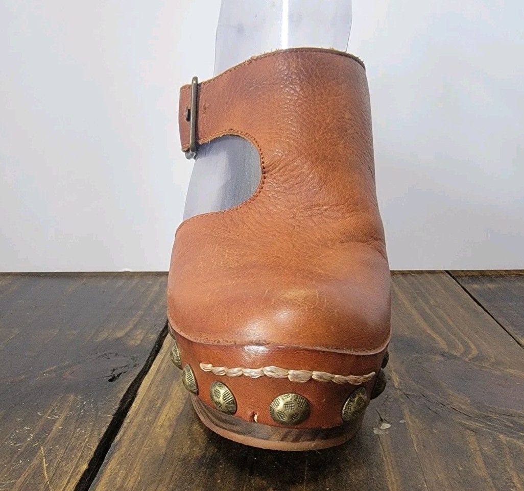 Free People Womens Boho Chunky Brown Leather Wood Clogs Size 36 Hippie Retro