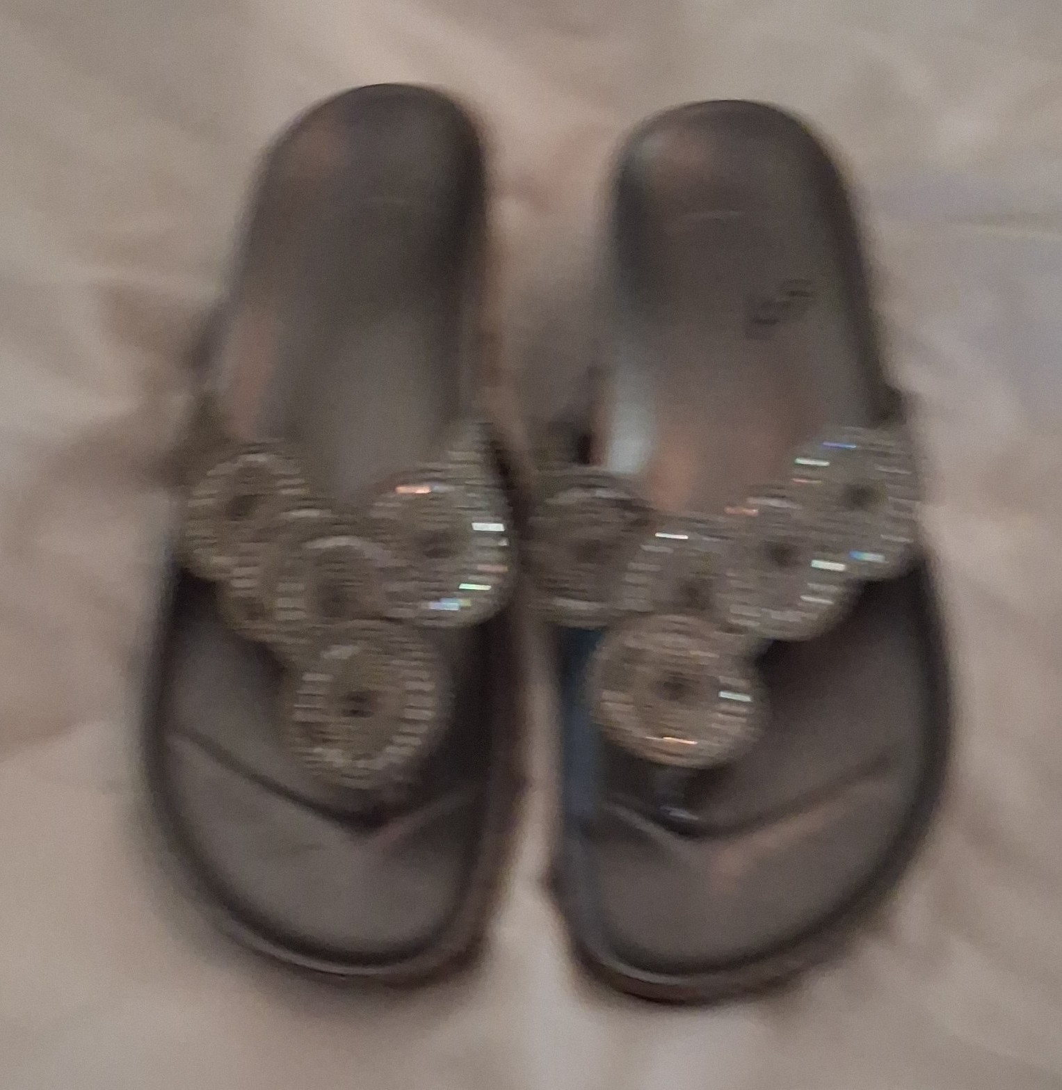 Women’s Slide Wedge Sandals Gray Silver Leather Rhinestone Cushioned US 8.5