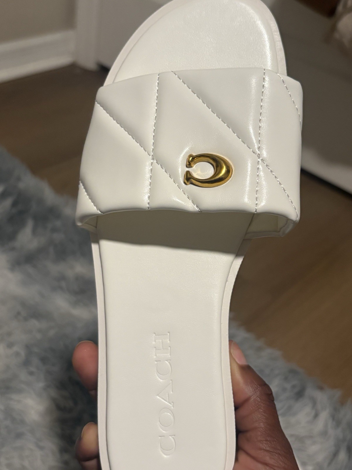 Coach White Quilted Leather Slide Sandals Gold Logo Women’s US 8 EU 38